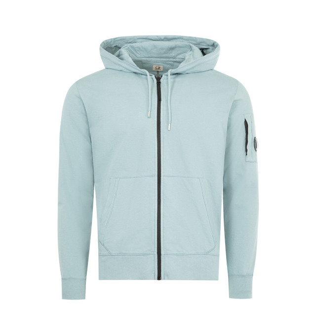 Image 1 of 3 - BLUE - C.P. COMPANY Light Fleece Zip Hooded Lens Sweatshirt featuring adjustable drawstring hood, full zip fastening, lens detail, kangaroo pocket, ribbed cuffs and hem, garment dyed and regular fit. 100% cotton. Made in Italy.