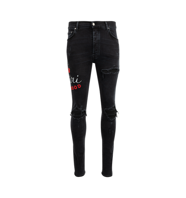 Image 1 of 3 - BLACK - AMIRI Club Amiri MX1 Jeans featuring belt loops, five-pocket styling, button fly, logo appliqu at outseam, logo patch at back waistband, rips at knees and skinny fit. 98% cotton, 2% elastane. Made in United States.