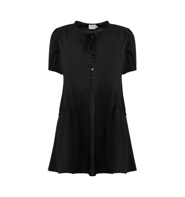 Image 1 of 2 - BLACK - DEIJI STUDIOS Pocket Mini Dress featuring elevated everyday dress in mini length, a flattering scoop neckline with tie, button front detail, internal pockets and soft elastic blouson sleeve. 100% organic cotton poplin.