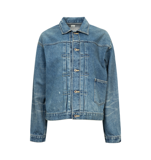 Image 1 of 2 - BLUE - CHIMALA Classic slightly cropped denim jacket with two front pleats for easier movement, a single hip pocket. Crafted from 100% cotton Japanese 13.4 oz selvedge denim woven on 1930's looms, natural indigo dye with a rinse wash. Made in Japan. 