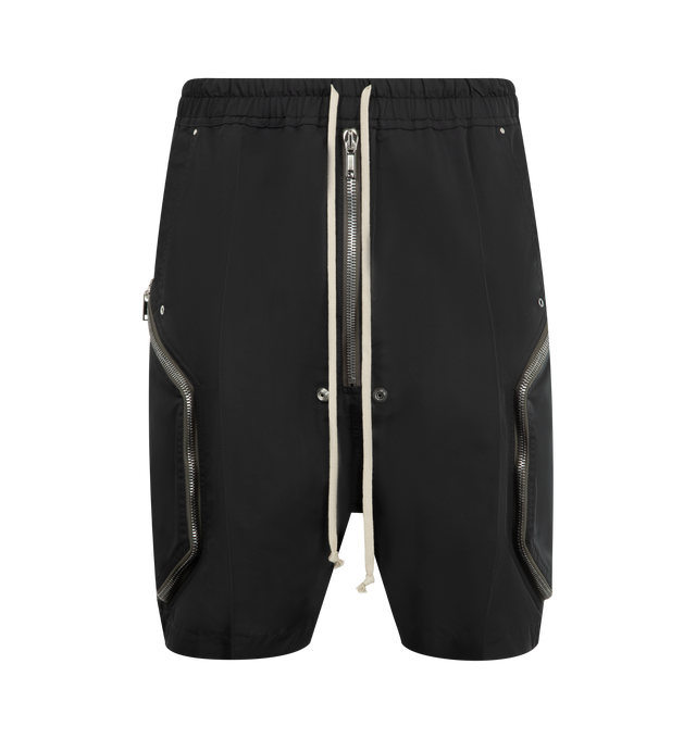 Image 1 of 3 - BLACK - RICK OWENS Heizer Bela Shorts featuring geavyweight stretch organic cotton poplin shorts, GOTS-certified organic cotton, drawstring at elasticized waistband, four-pocket styling, exposed zip fly, eyelets and press-studs at front, two-way zip pocket at outseams and dropped inseam. 97% cotton, 3% elastane. Made in Italy.