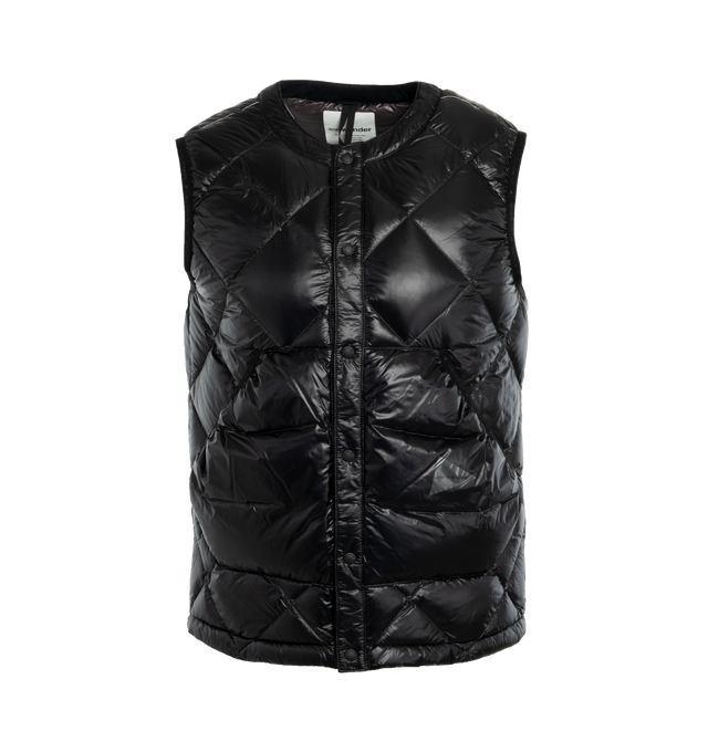 Image 1 of 4 - BLACK - AND WANDER Diamond Stitch Down Vest crafted from lightweight and durable PERTEX nylon with a soft sheen, with goose down fill. Medium weight layering piece featuring diamond front body quilting, zipper hand pockets, reflective detaiuls throughout, and collarless neckline. 100% nylon / 90% down, 10% feather. Made in Japan. 