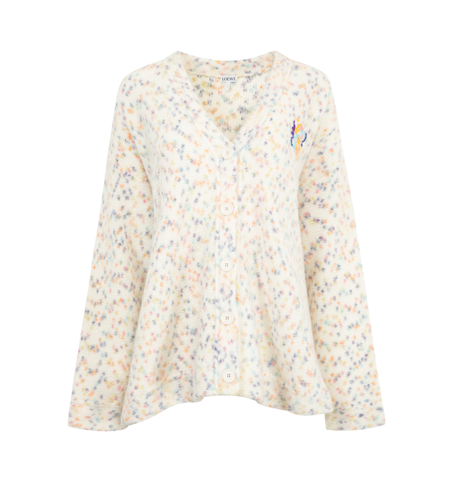 Image 1 of 2 - WHITE - LOEWE Trapeze Cardigan in medium-weight wool and alpaca blend featuring a trapeze silhouette, relaxed fit, regular length, jersey stitch, V-neck, button front fastening and Anagram tufting embroidery placed on the chest. Alpaca, wool, polyami. Made in Italy.