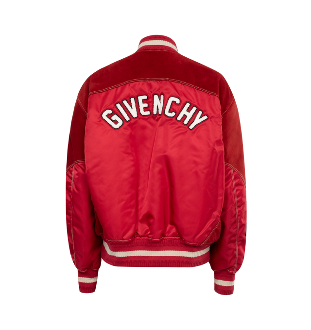 Image 2 of 2 - RED - GIVENCHY College Bi-Material Varsity Jacket featuring G patch and GIVENCHY signature embroidered on the front, small 4G emblem embossed on the left sleeve, small GIVENCHY signature embossed and 52 patch embroidered on the right sleeve, GIVENCHY patch embroidered on the back, ribbed elastic knit collar, cuffs and hem with contrasting stripes, snap closure and two side pockets with contrasted piping. 50% polyamide, 50% lambskin leather. Made in Romania. 