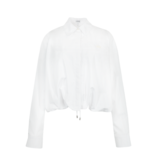 Image 1 of 2 - WHITE - Loewe Women's Shirt in cotton is crafted from lightweight cotton and features a drawstring waist for a cinched silhouette. Designed with a regular fit and regular length, it is finished with a concealed button-front fastening, a gathered hem with a concealed drawstring, and Double L embroidery at the chest. Main Material: Cotton. Made in Portugal.