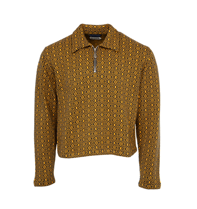 Image 1 of 3 - BROWN - BODE Crescent Sweater featuring rib knit cotton sweater, jacquard graphic pattern throughout, spread collar and half-zip closure. 100% cotton. Made in Peru. 