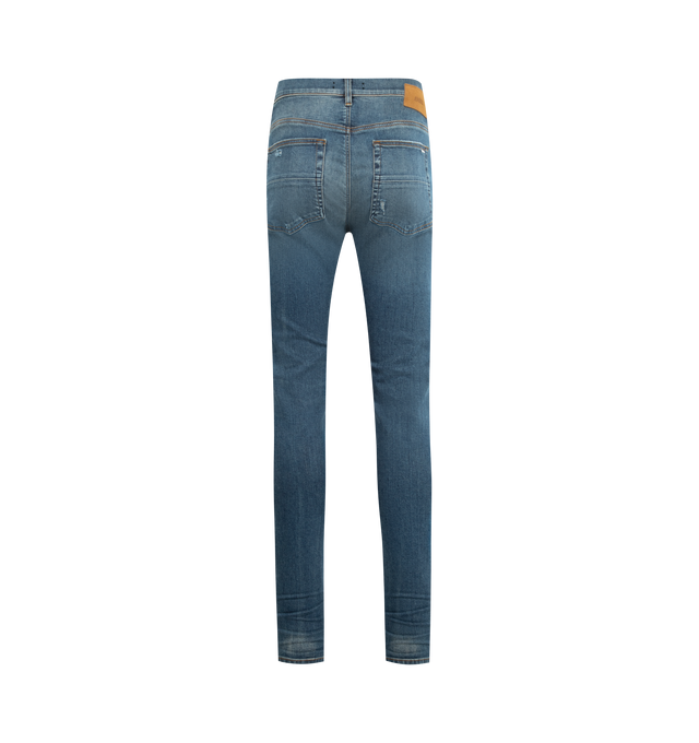 Image 2 of 3 - BLUE - AMIRI Skinny Jean featuring five-pocket style, full length, fitted through skinny legs, button zip fly and belt loops. 92% cotton, 8% elastane.