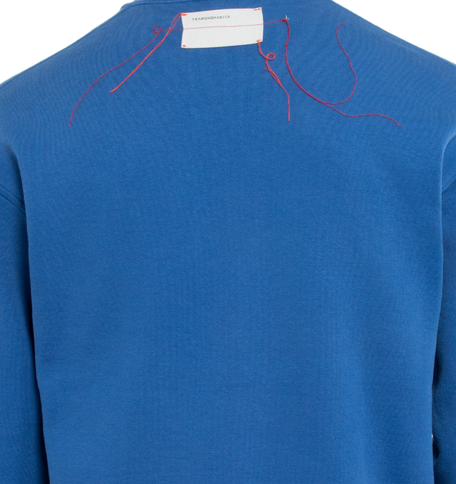 Image 4 of 4 - BLUE - This royal blue upcycled vintage sweatshirt  features "1910" applique at the front and Transnomadica label at the back. 50% cotton / 50% polyester with the size XL on its original vintage label. Measurements: 23 inches in length from neckline to front hem, 23 inches from shoulder-to-shoulder, 24 inches from armpit-to-armpit, 22 inches from top sleeve seam to top of wrist.This collection of vintage sweatshirts, exclusively for 1910 at Hirshleifers, each featuring a hand-crafted 1910 a 