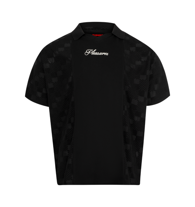 Image 1 of 2 - BLACK - PLEASURES Planets Polo featuring print and embroidery throughout, short sleeves, polo collar and graphic on back. 100% polyester.