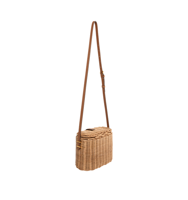 Image 2 of 3 - BROWN - SAINT LAURENT Vanity Crossbody Bag in bamboo wicker with leather details, adjustable leather crossbody bag, flap top with snap closure and interior slip pocket. 4.7"H x 7.2"W x 3.1"D. Made in France.