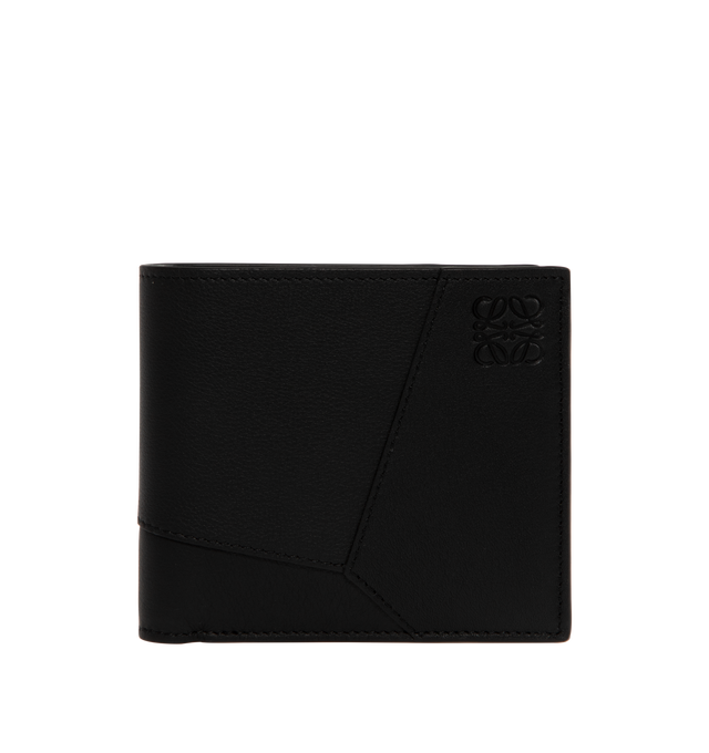 Image 1 of 3 - BLACK - Loewe Men's Puzzle bifold wallet in classic calfskin leather inspired by the Puzzle bag's distinctive geometric pattern. Features eight card slots, two large note pockets, two flat pockets, calfskin lining and embossed Anagram. Made in Spain. Height 9.9cm X Width 11cm X Depth 1.8cm.