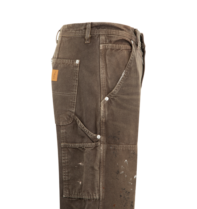 Image 3 of 3 - BROWN - ENFANTS RICHES DEPRIMES Double Knee Paint Pants featuring 13 oz american cotton canvas, straight leg fit, zip fly, logo branded hardware, rivets at front and back pockets, logo embossed leather patch at rear pocket and distessing throughout. Made in USA.