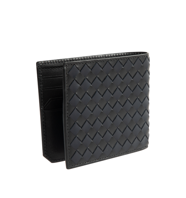 Image 2 of 3 - BLACK - BOTTEGA VENETA Intrecciato Piccolo Bi-Fold Wallet featuring color blocked intrecciato, eight card slots, one note compartment and two additional pockets. Calfskin. 3.7" x 4.3" x 0.2". Made in Italy.