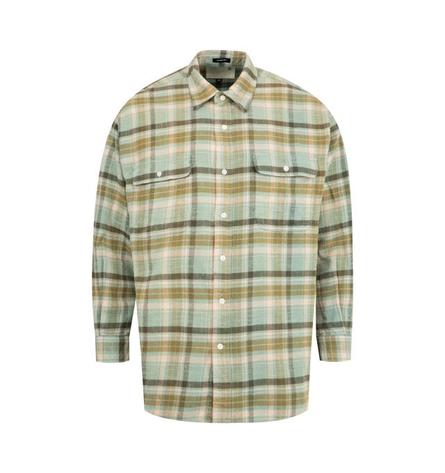 Image 1 of 2 - MULTI - R13 Boyfriend Shirt featuring plaid throughout, collar, drop shoulders, long sleeves, button cuffs, chest flap pockets and button-front closure. 100% cotton.