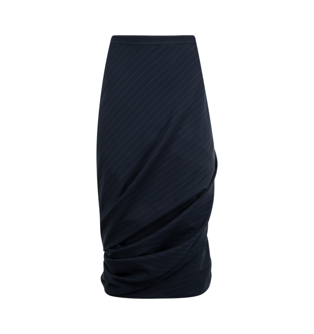 Image 1 of 3 - NAVY - BALENCIAGA Twisted Tailored Skirt featuring pinstripe tailoring wool, side zip and hook closure, twisted construction and cupro lining. 100% wool. Made in Italy.