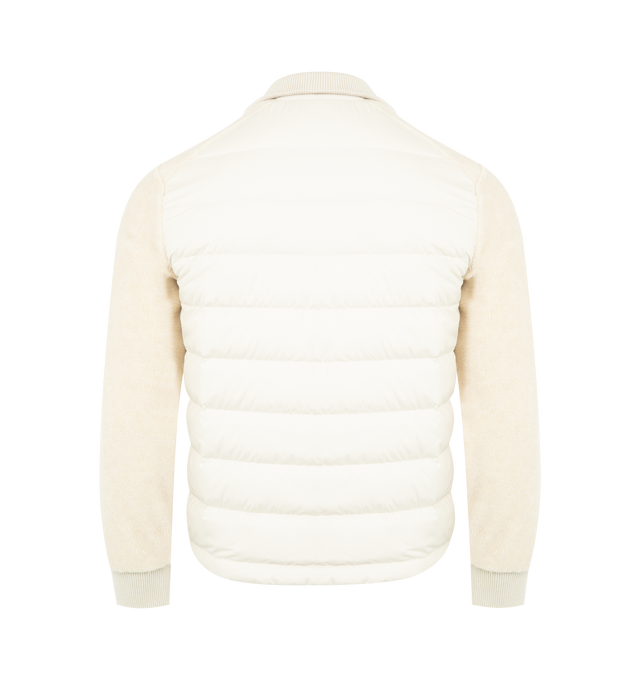 Image 2 of 3 - WHITE - MONCLER Padded Zip-Up Sweatshirt featuring teddy fleece, down-filled nylon back, adjustable stand collar, zipper closure, nylon chest pocket with snap button closure, zipped pockets and hem with drawstring fastening. 73% polyester, 27% acrylic. 100% polyester. Padding: 90% down, 10% feather. Made in Moldova.
