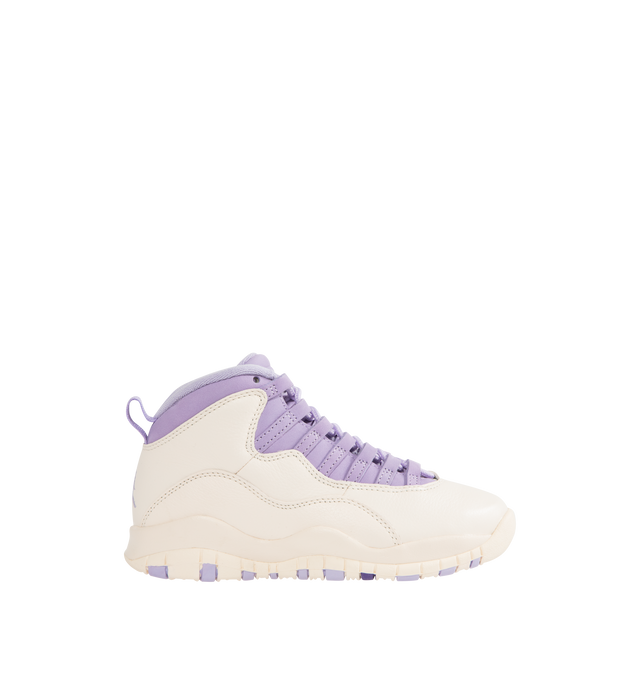Image 1 of 5 - PURPLE - JORDAN Air Jordan 10 Retro Sneaker featuring tumbled Chalk leather with luxe Hydrangea nubuck blooming on the upper, Jumpman logo on the outsole, full-length Nike Air cushions, lace up closure, foam midsole with encapsulated Air unit and rubber outsole.