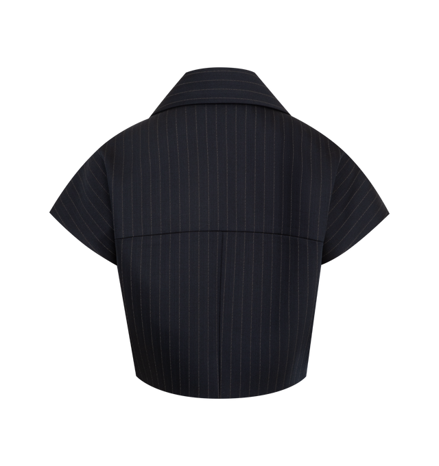 Image 2 of 2 - NAVY - KHAITE Robin Top featuring a rounded, gently cropped silhouette that is part top and part jacket, tailored in chalk-striped suiting, cap sleeves and bold, two-way zipper. 96% virgin wool, 2% elastane, 2% cotton.