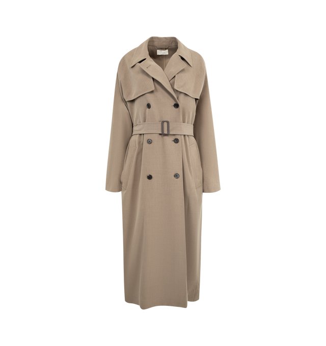 Image 1 of 3 - BROWN - THE ROW Rhydian Coat featuring oversized double-breasted trench coat in refined silk and wool suiting with slant welt pockets, horn button closure, removable buckle belt and interior phone compartment. 50% wool, 50% silk. Lined in 55% silk, 45% cashmere. Made in Italy.