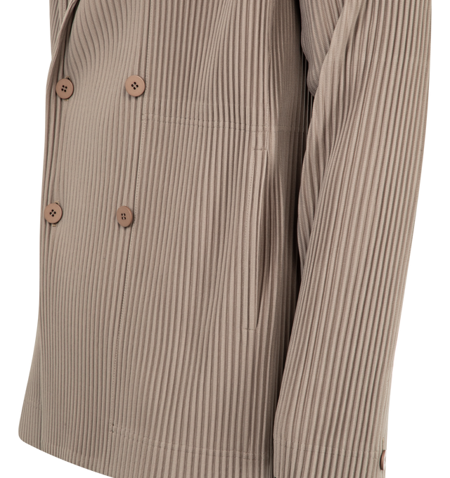 Image 3 of 3 - BROWN - ISSEY MIYAKE Tailored Pleats Jacket featuring a tailored jacket with a double breasted closure, notched lapel and pleated throughout. 100% polyester.