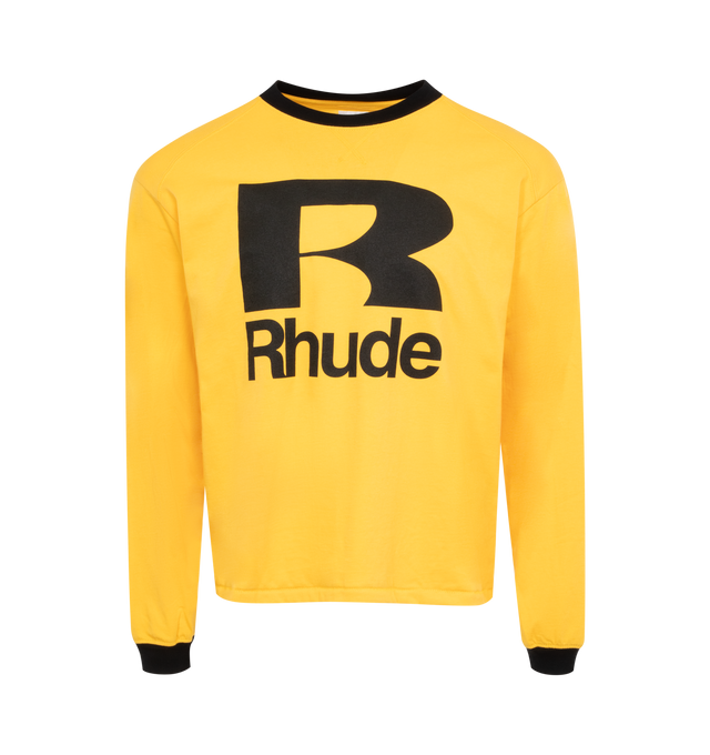Image 1 of 2 - YELLOW - RHUDE Petrol Crewneck featuring boxy-fit, premium washed cotton, long sleeves, contrast crewneck and cuffs and Rhude classic logo graphics placed on the front. 100% cotton.  