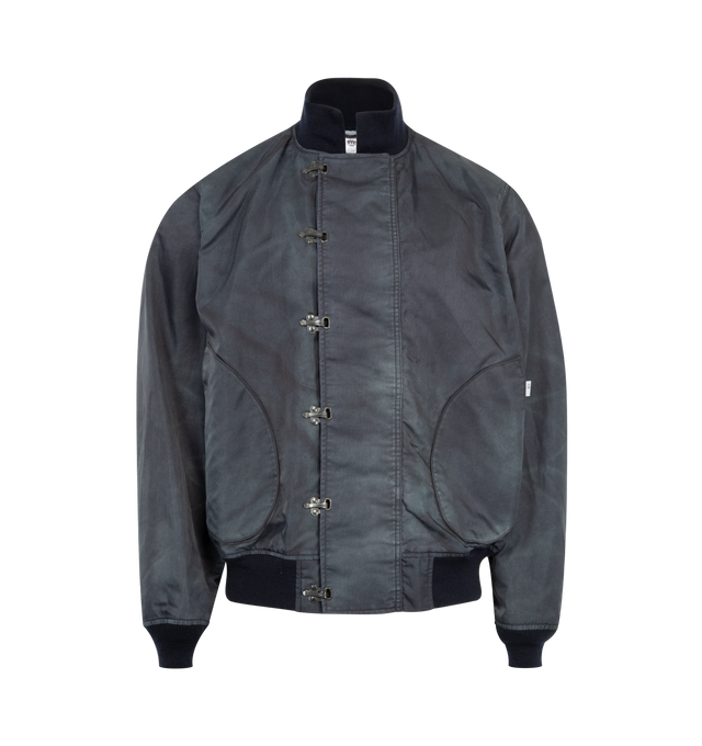 Image 1 of 3 - NAVY - JUNYA WATANABE US Navy Bomber featuring ribbed stand-up collar, long sleeves, ribbed cuffs and hem, hidden front closure with toggles, two side pockets, US Navy print on the back and straight hem. 100% nylon.
