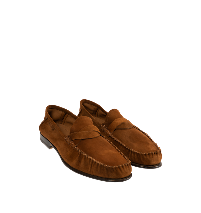 Image 2 of 4 - BROWN - TOM FORD Ripley Suede Twist-Strap Loafers featuring a twisted keeper strap across the vamp, block heel, almond moc toe, notched vamp, slip-on style and leather outsole. Leather. Made in Italy.