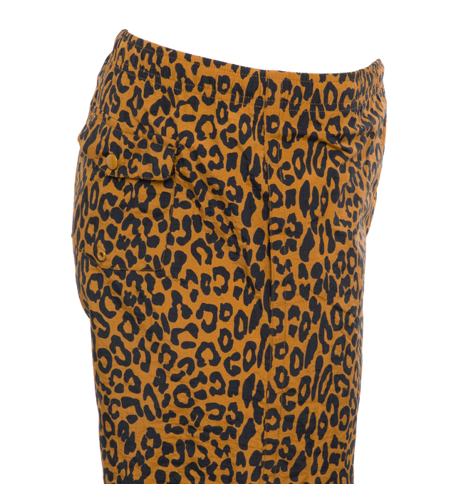 Image 3 of 4 - BROWN - NOAH LEOPARD SWIM TRUNKS crafted from 100% nylon with all over print and mesh liner. Elastic drawstring waist, on-seam front pockets, flap back pocket with snap closure and drain vent. Made in Portugal. 