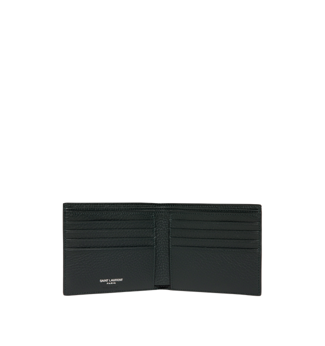 Image 3 of 3 - GREEN - Saint Laurent Mens Wallet is crafted from black leather. Features a classic bifold silhouette, interior card slots and bill compartment, silver-tone hardware, and embossed Saint Laurent logo. Main Material: 100% Leather. Made in Italy.
