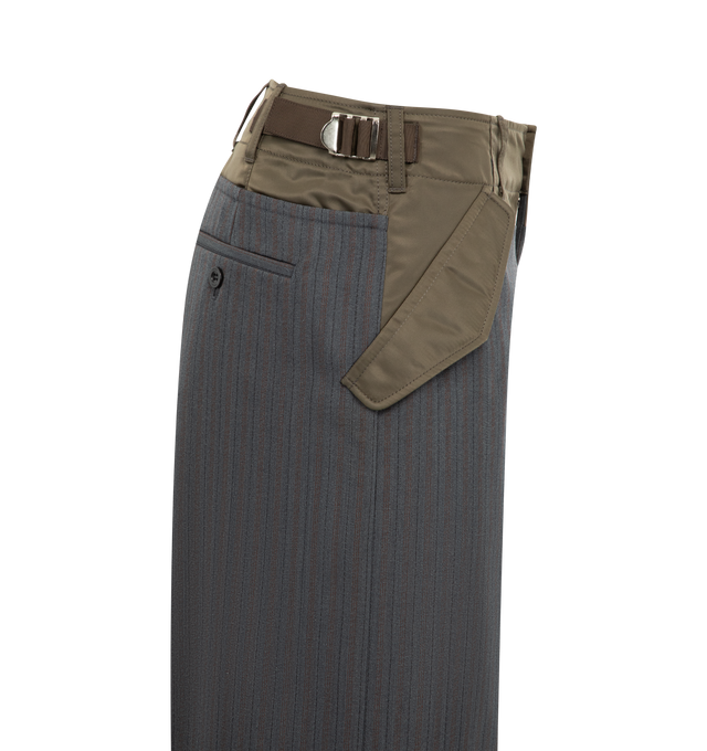 Image 3 of 3 - GREY - SACAI Stripe Doeskin Pants featuring button and zip-fly fastenings at front, regular fit, mid-rise, wide leg, belt loops, adjustable tabs at waist, pressed creases at front and back, flap pockets at side and welt pockets at back. 100% wool. Made in Japan.