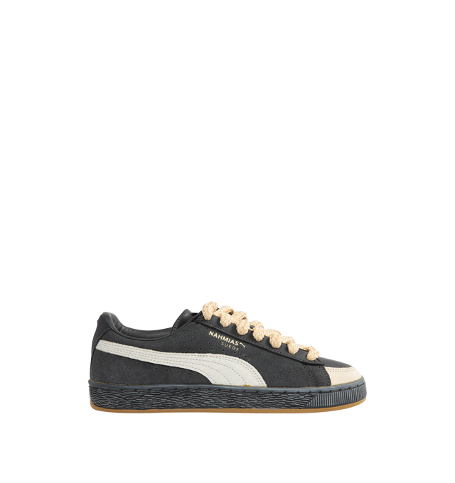 Image 1 of 5 - GREY - PUMA x NAHMIAS Suede Vintage Sneakers featuring a distressed leather formstrip and trim, crochet laces, PUMA x Nahmias friendship lace beads, a Lets Be Friends" interior graphic and rounded toe.
