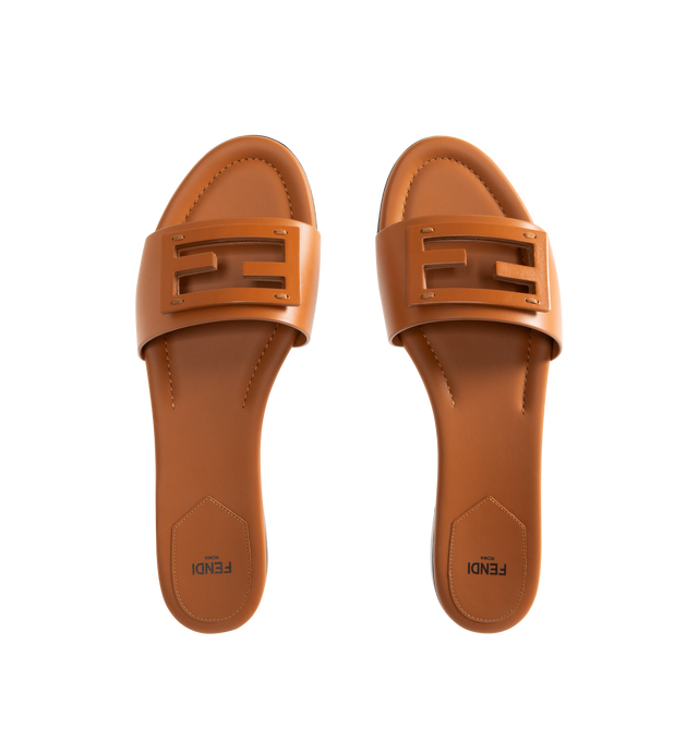 Image 4 of 4 - BROWN - FENDI Baguette Leather Slides featuring wide-band embellished with FF Baguette motif in tone on tone leather. 100% calfskin. Made in Italy.