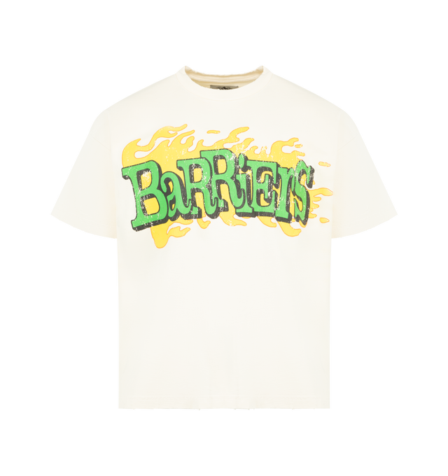 Image 1 of 2 - WHITE - BARRIERS Change the World Tee featuring crew neck, short sleeves, light distressing for vintage effect, oversized screen printed graphic and boxy fit. 100% cotton.