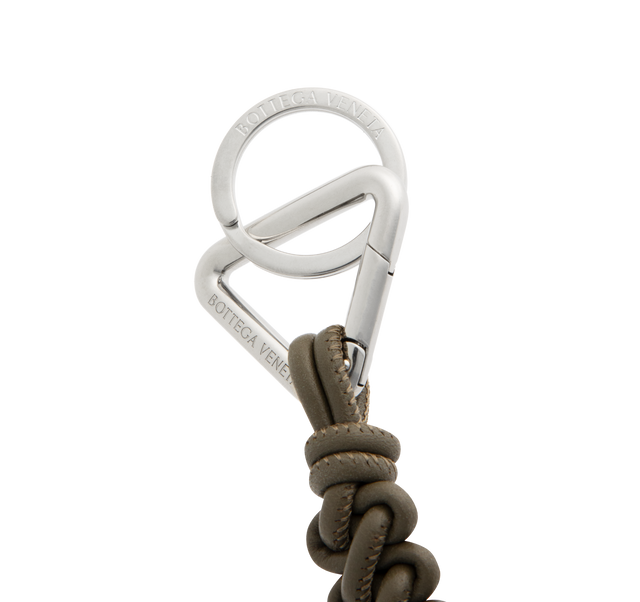 Image 2 of 2 - BROWN - BOTTEGA VENETA Scoubidou Key Ring featuring nappa leather with triangle hook. 3.5" x 1.4" x 0.2". Lambskin. Made in Italy.