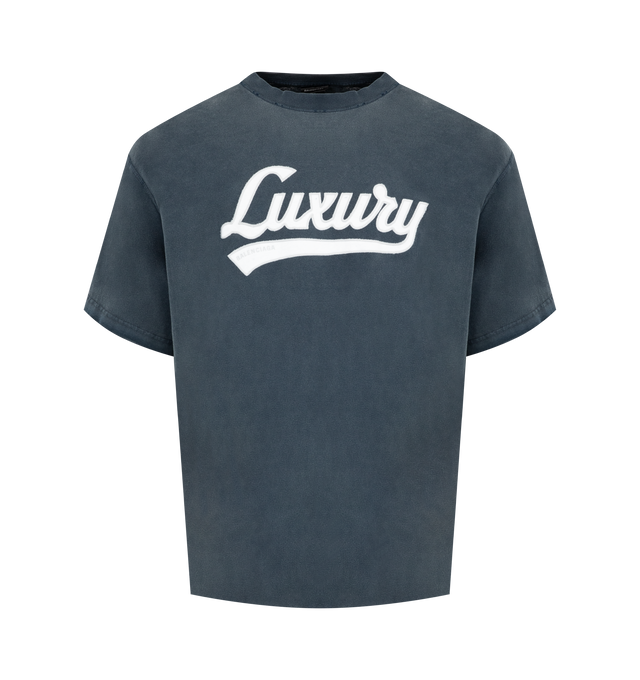 Image 1 of 2 - BLUE - BALENCIAGA Luxury Script Oversized T-Shirt in washed dry jersey featuring crewneck, short sleeves and luxury script artwork embroidery on front. 100% cotton. Made in Portugal.