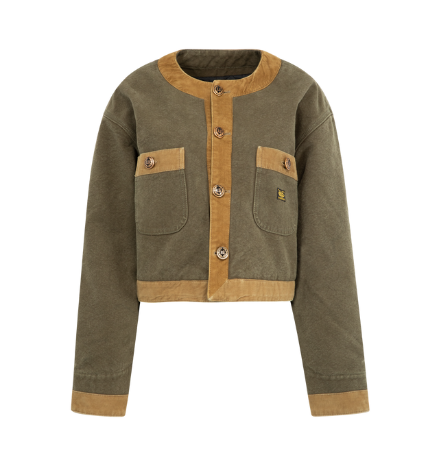 Image 1 of 2 - BROWN - R13 Cropped Chore Jacket featuring corduroy trim, button front closure, button partch pockets on front, button cuffs and cropped fit. Cotton.