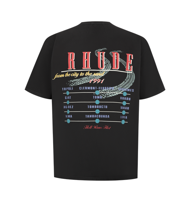 Image 2 of 2 - BLACK - Rhude Mens Desert Decides T-Shirt is crafted from a cotton jersey. Features a crew neck, short sleeves, custom fit, and graphics printed on the front chest and back. Main Material: 100% Cotton. Made in the USA.