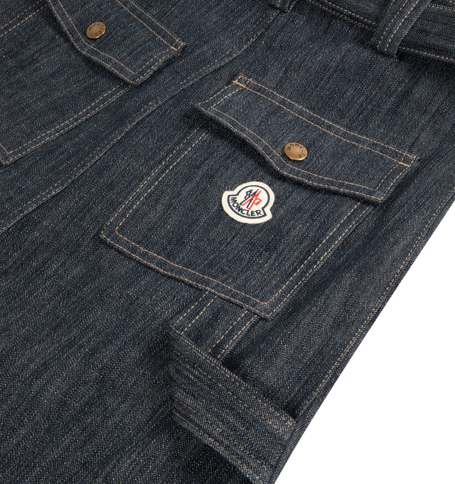 Image 2 of 2 - NAVY - MONCLER Denim Knee-Length Skirt featuring twill lining, snap button closure, pockets with snap button closure and detachable belt. 99% cotton, 1% elastane/spandex.