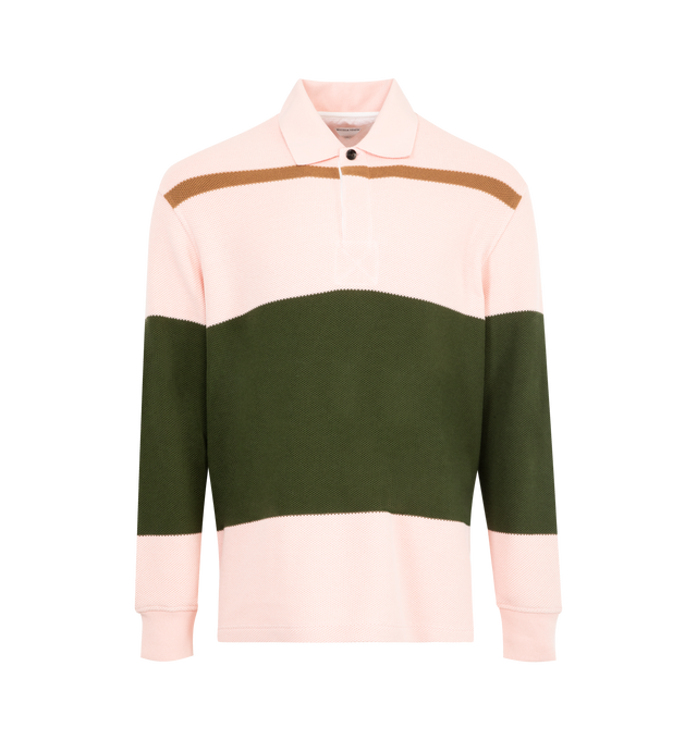 Image 1 of 2 - PINK - BOTTEGA VENETA Striped Cotton-Piqu Polo Shirt featuring 2 button placket, polo color, color blocking stripes, long sleeves and ribbed cuffs. 100% cotton.