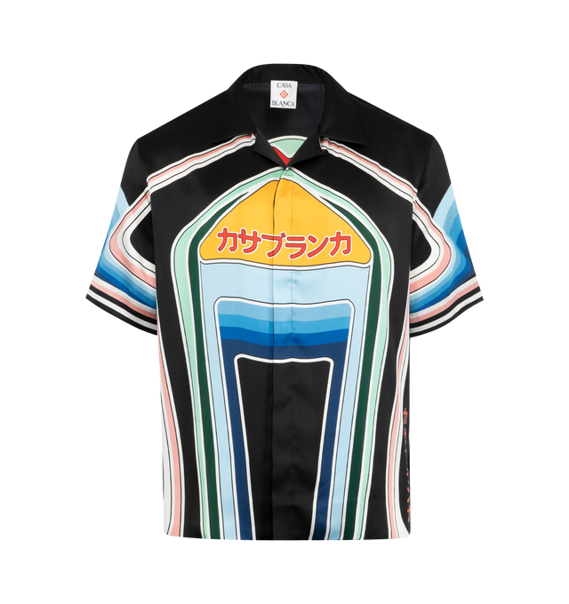 Image 1 of 2 - MULTI - CASABLANCA Graphic Mountain Short-Sleeve Silk Shirt featuring an all-over printed design, silk satin fabric, hidden button closure, interlocking CC logo corozo buttons and the house's signature diamond logo. 100% silk. Made in Italy.