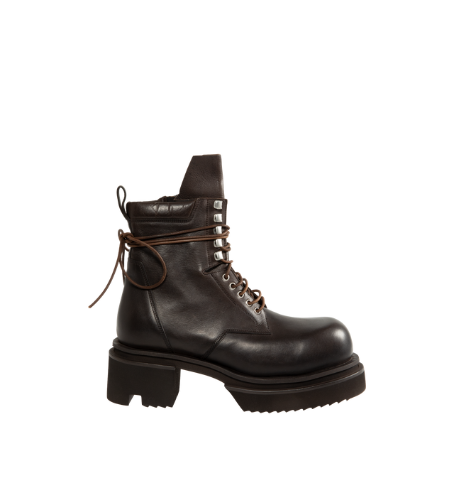 Image 1 of 4 - BROWN - Rick Owens Men's Laceup Bogun Boots are crafted from washed calf leather and feature a mid-calf silhouette with long wraparound laces, a rounded toe, and the brand's signature Bogun rubber mega creeper sole. Designed with eyelets and hooks, angled topstitched panels, an inner-leg zip closure, a back pull tab, and a toothed square heel for a bold, architectural look. Main Material: 100% Calf Leather. Lining: 100% Calf Leather. Insole: 100% Calf Leather. Intersole: 100% Cow Leather. Sol