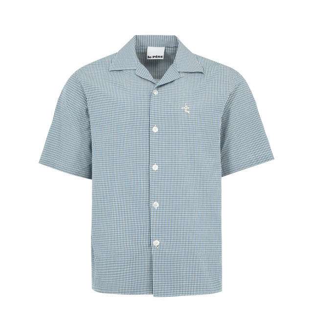 Image 1 of 2 - BLUE - LE PERE Poplin Camp Shirt featuring a relaxed camp-collar, premium Japanese cotton, double back pleats, "le PRE" logo embroidered at chest, button front and short sleeves. 100% cotton. Made in Italy.