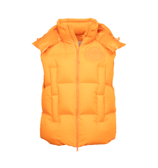 Image 1 of 5 - ORANGE - MONCLER GENIUS MONCLER X ROC NATION BY JAY-Z APUS VEST is a fluorescent-orange hue that brings standout style to this channel-quilted down vest detailed with a tonal patch bearing the logos of both labels, two-way front-zip closure, stand collar; fixed hood, chest welt pockets, front welt pockets and lined, with down fill. 100% nylon. 