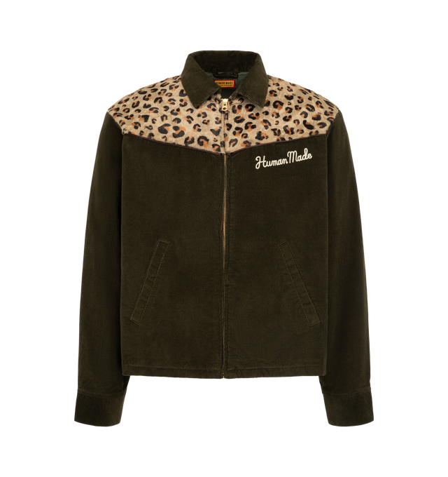 Image 1 of 2 - GREEN - Human Made Men's Leopard Jacket is crafted from cotton corduroy and features a wide, cropped silhouette inspired by vintage rock style. Designed with leopard-print panels in a smooth cotton-rayon pile fabric, this statement zip-up jacket is finished with a lustrous cupro lining, chain-stitched logo graphics at the left chest and back, and heart-shaped buttons at the cuffs. Main Material: Cotton Corduroy. Contrast Panels: Cotton/Rayon Pile Fabric. Lining: Cupro. Fit: Wide, Cropped. Clo