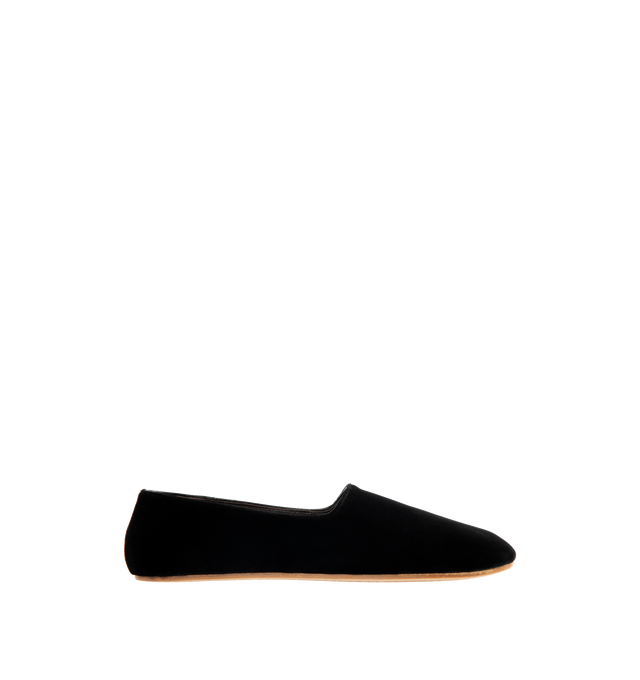 Image 1 of 4 - BLACK - THE ROW Ponti Slipper featuring minimal slip-on shoe in plush velvet with round toe, leather lining and flexible leather sole. 100% cotton. Made in Italy.