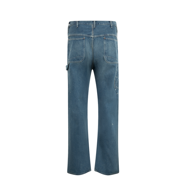 Image 2 of 3 - BLUE - ORSLOW Denim Painters Pants Used Wash Jean featuring 9oz original denim, button fly, top snap button, coin pocket, tool pocket on right foot, hammer loop on left foot, large rounded back pocket design and 3 needle stitch sewing on the side. 100% cotton. Made in Japan.