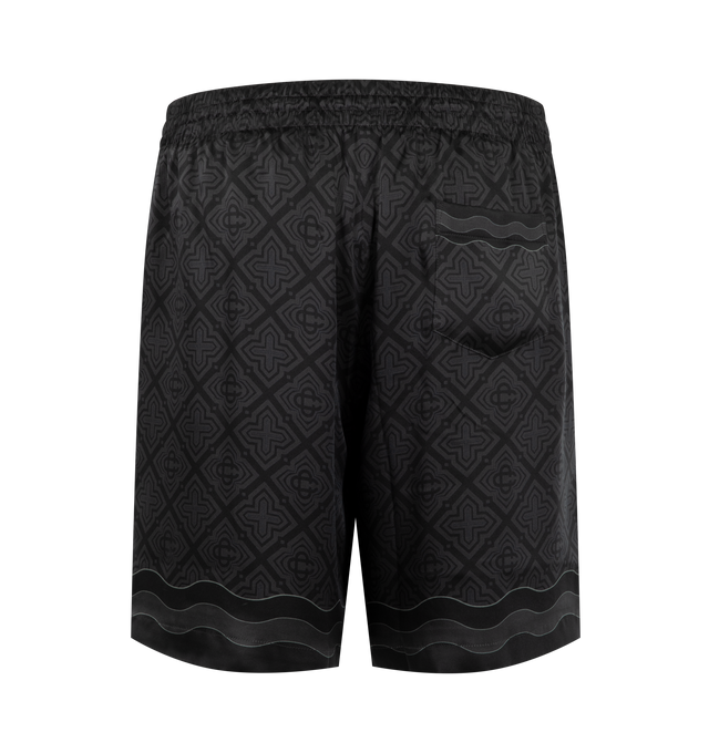 Image 2 of 3 - BLACK - Casablanca Men's Silk Shorts are crafted from luxurious silk and feature a relaxed silhouette with an elasticated drawstring waistband and side pockets for effortless comfort. These designer shorts combine exceptional craftsmanship with Casablanca's signature luxury resort aesthetic, offering a lightweight feel and fluid drape for elevated warm-weather styling. Main Material: 100% Silk.