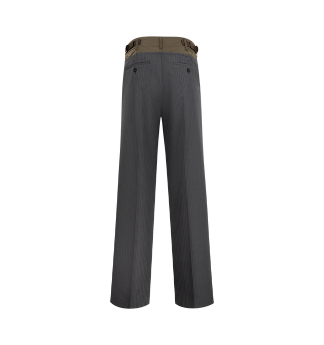 Image 2 of 3 - GREY - SACAI Stripe Doeskin Pants featuring button and zip-fly fastenings at front, regular fit, mid-rise, wide leg, belt loops, adjustable tabs at waist, pressed creases at front and back, flap pockets at side and welt pockets at back. 100% wool. Made in Japan.