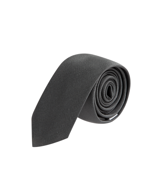 Image 1 of 2 - GREY - THOM BROWNE Silk Browne 65 Tie featuring RWB grosgrain trim and name tag appliqu. 100% silk. Made in Italy.