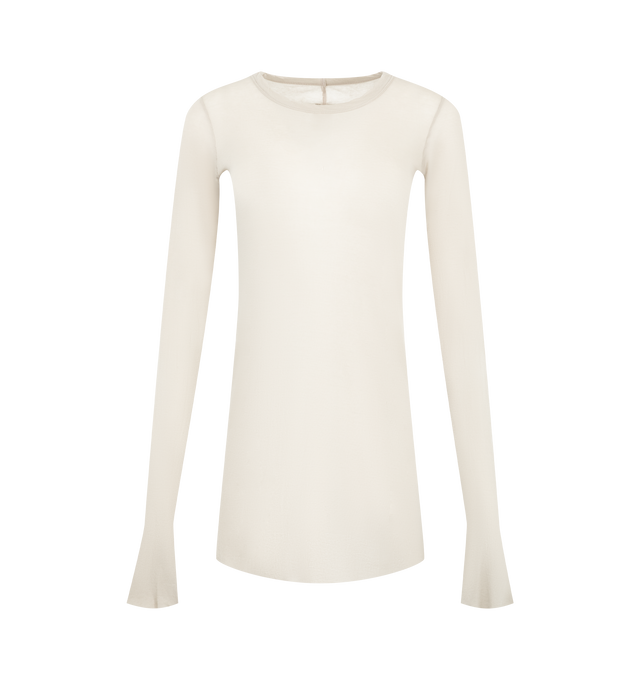 Image 1 of 2 - WHITE - Rick Owens Womens Long Sleeve Rib T-Shirt is crafted from lightweight organic cotton mini rib jersey. Features a slim fit, below-hip length, ribbed crew neck, long sleeves, raw-cut hem and cuffs, and the signature center back seam. Main Material: 100% Organic Cotton. Made in Italy.